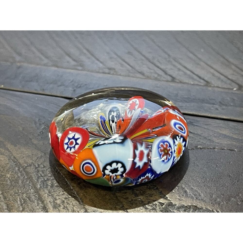 Vintage Murano Style Art Glass Millefiori Paper Weight Colorful Small Oval